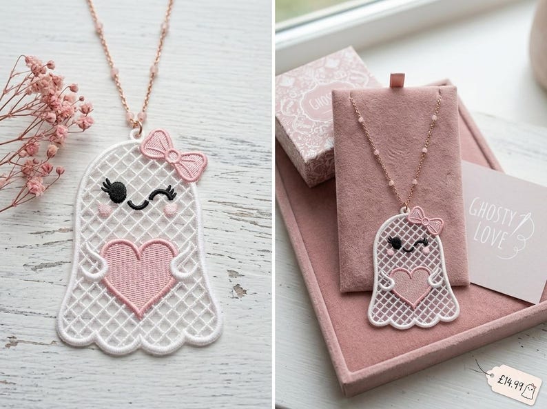 May include: A necklace featuring a white embroidered ghost pendant with a pink heart, a pink bow, and a winking face. The pendant hangs from a delicate rose gold chain with small beads. The text "GHOSTY LOVE" is printed on a small card nearby.