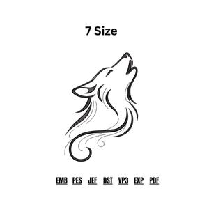 Può includere: Un disegno per ricamo in arte lineare nera raffigurante una testa di lupo che ulula con dettagli del pelo fluenti. Il testo 7 Size è centrato in alto, e i formati file EMB, PES, JEF, DST, VP3, EXP e PDF sono elencati in basso in nero.