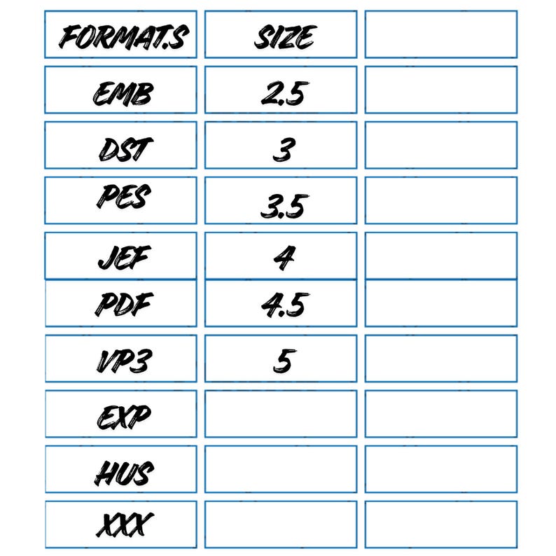 May include: A white chart with blue borders featuring two columns labeled FORMATS and SIZE. The FORMATS column lists EMB, DST, PES, JEF, PDF, VP3, EXP, HUS, and XXX. The SIZE column lists numerical values 2.5, 3, 3.5, 4, 4.5, and 5.