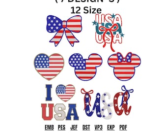 USA Patriotic Embroidery Design Bundle | 4th of July Machine Embroidery Files | American Flag Bow Mickey Minnie Heart | PES Instant Download