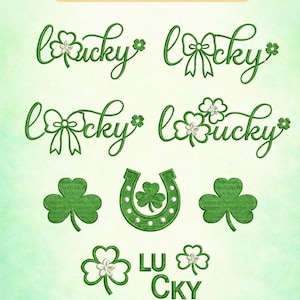 Puede incluir: Imagen que muestra ocho diseños de bordado para el Día de San Patricio. Los diseños incluyen la palabra "Lucky" en varios estilos, tréboles y una herradura con un trébol. El texto "Happy Patrick's Day" está en la parte superior.