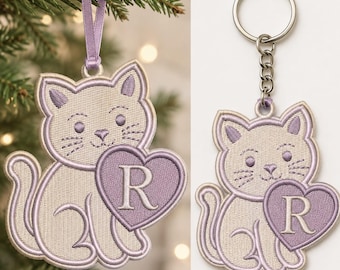 Cat Monogram ITH Embroidery Design In The Hoop Keychain Ornament PES DST Instant Download 5 Sizes 2-6 Inch Machine Embroidery