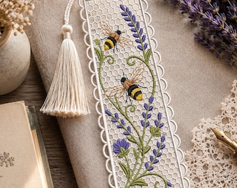 Bee Lavender FSL Bookmark Embroidery Design, Free Standing Lace Ornament Machine Embroidery, Floral Bee Tassel Bookmark Instant Download