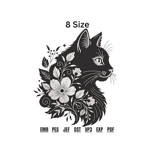 May include: Black cat profile with floral accents, featuring a large white flower and leafy vines. The design includes the text "8 Size" at the top and embroidery file format abbreviations at the bottom.