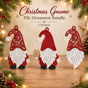 May include: Three Christmas gnome ornaments featuring red hats with white pom-poms, white beards, and black shoes. Two gnomes hold small gold gift boxes. The text reads Christmas Gnome FSL Ornament Bundle 3 Designs in dark red lettering.