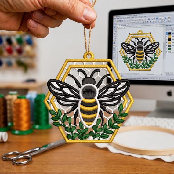 FSL Bee Ornament Embroidery Design Honeycomb Hexagon Free Standing Lace Machine Embroidery Instant Download PES DST Bumble Bee Wreath Decor