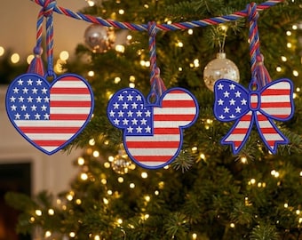 FSL Patriotic Ornaments Embroidery Design Bundle | American Flag Heart Bow Mouse Head | 4th of July Embroidery Instant Download | 3 Designs
