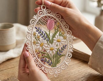 FSL Floral Oval Ornament Embroidery Design, Free Standing Lace Tulip Daisy Bouquet Machine Embroidery, Instant Download PES DST Files