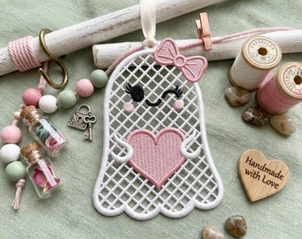 FSL Ghost Ornament Embroidery Design, Free Standing Lace Halloween Heart Ghost, Cute Girl Ghost Bow Machine Embroidery File Fall Gift