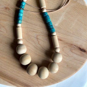 Teal and Natural / Wood Bead Necklace / Women’s Long Beaded Necklace