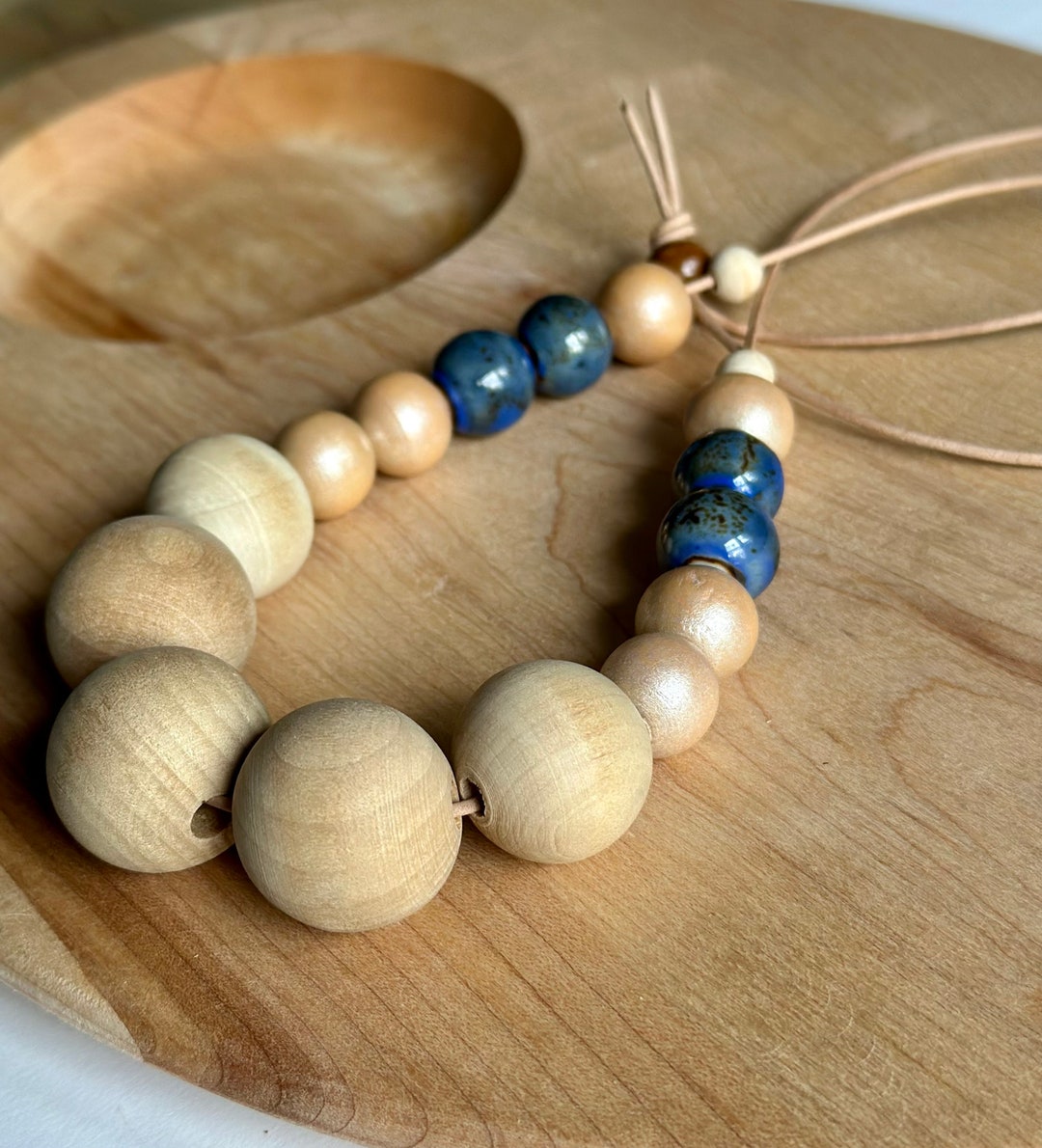 Wood Bead Necklace / Blue and Natural - Etsy