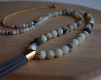 Gray leather tassel necklace / Long beaded necklace / Amazonite necklace /  Long Women's necklace