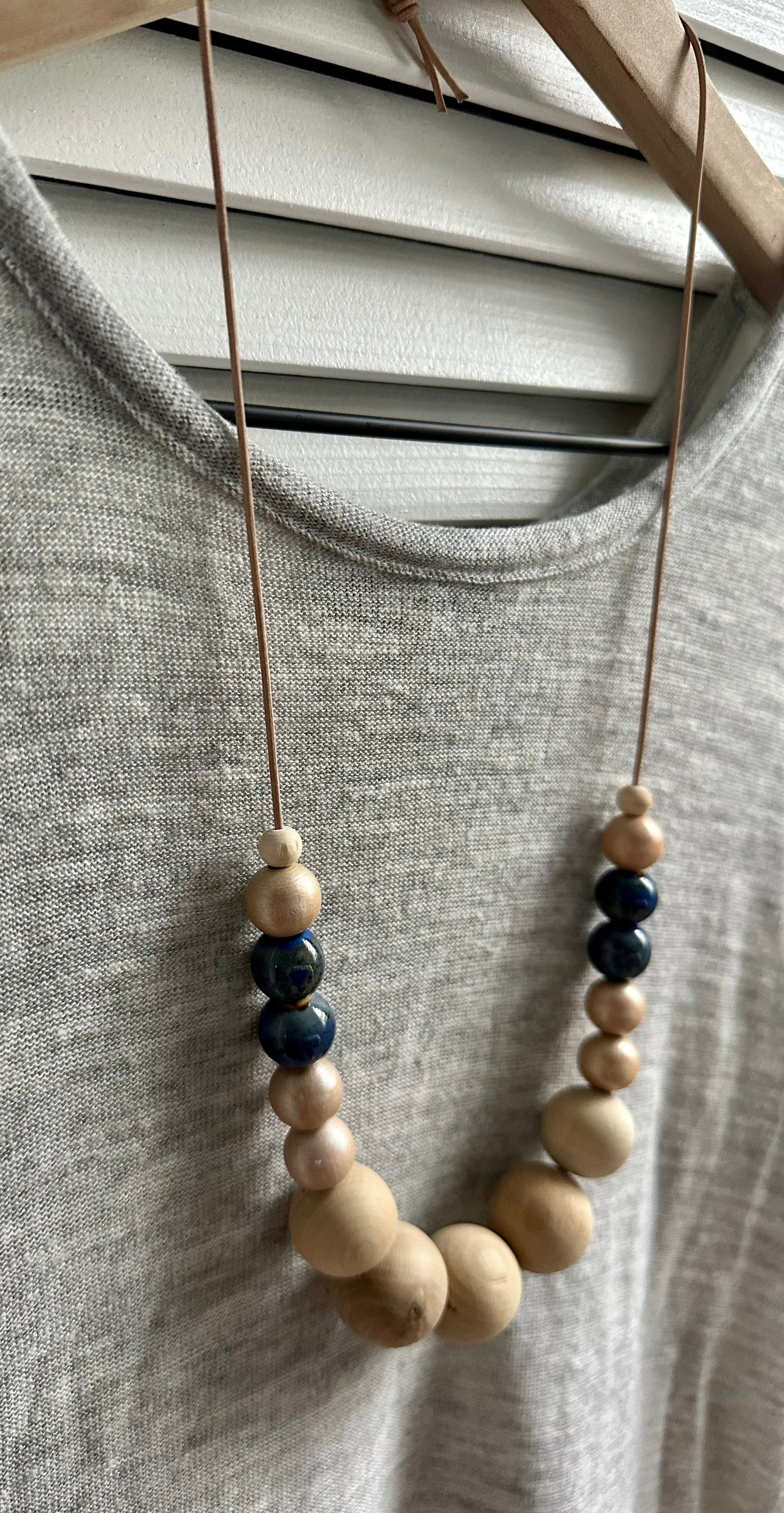 Wood Bead Necklace / Blue and Natural - Etsy