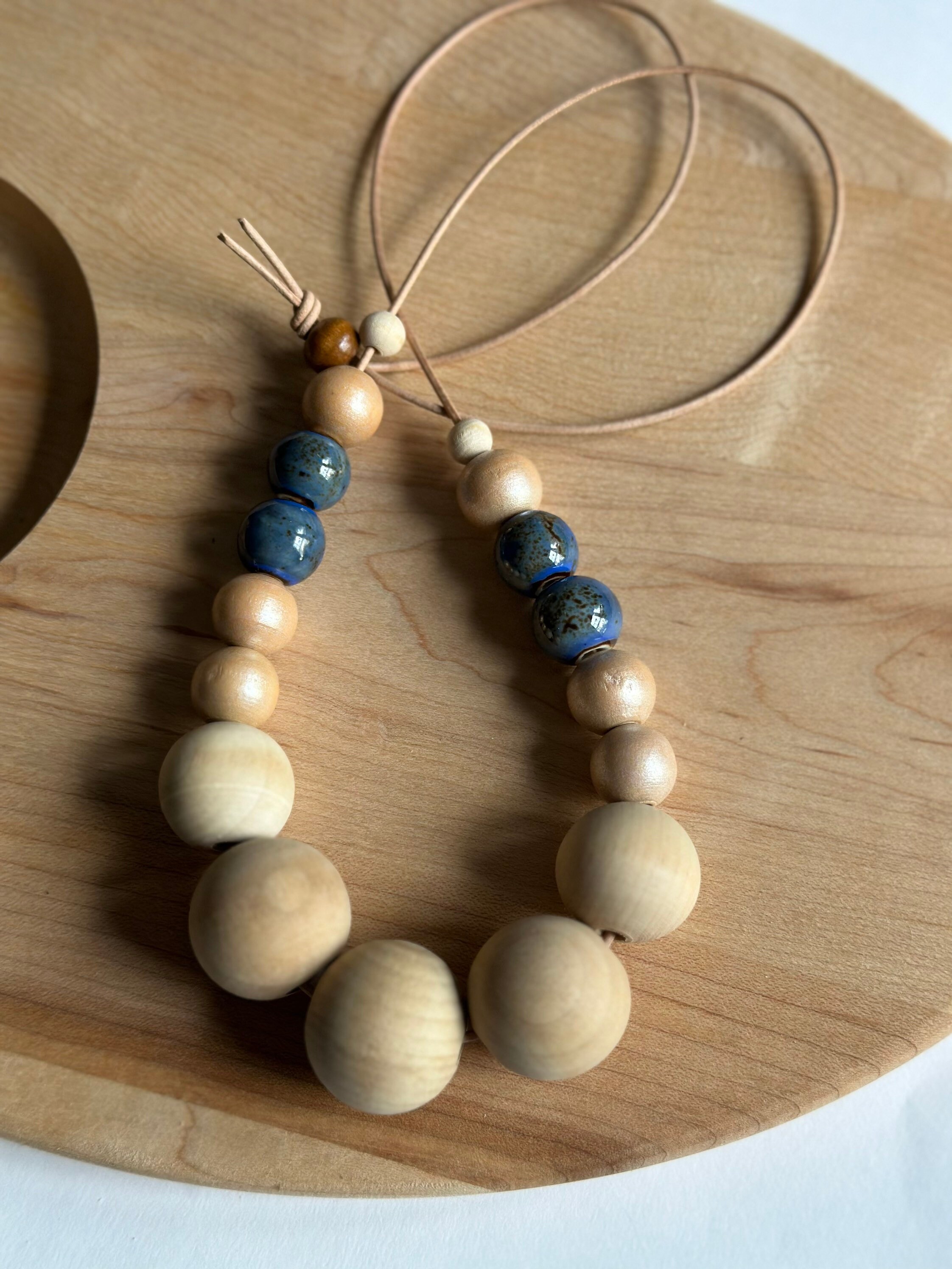 Wood Bead Necklace / Blue and Natural - Etsy