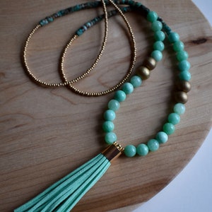 Mint leather tassel necklace / Long beaded necklace / Long Women&#39;s necklace