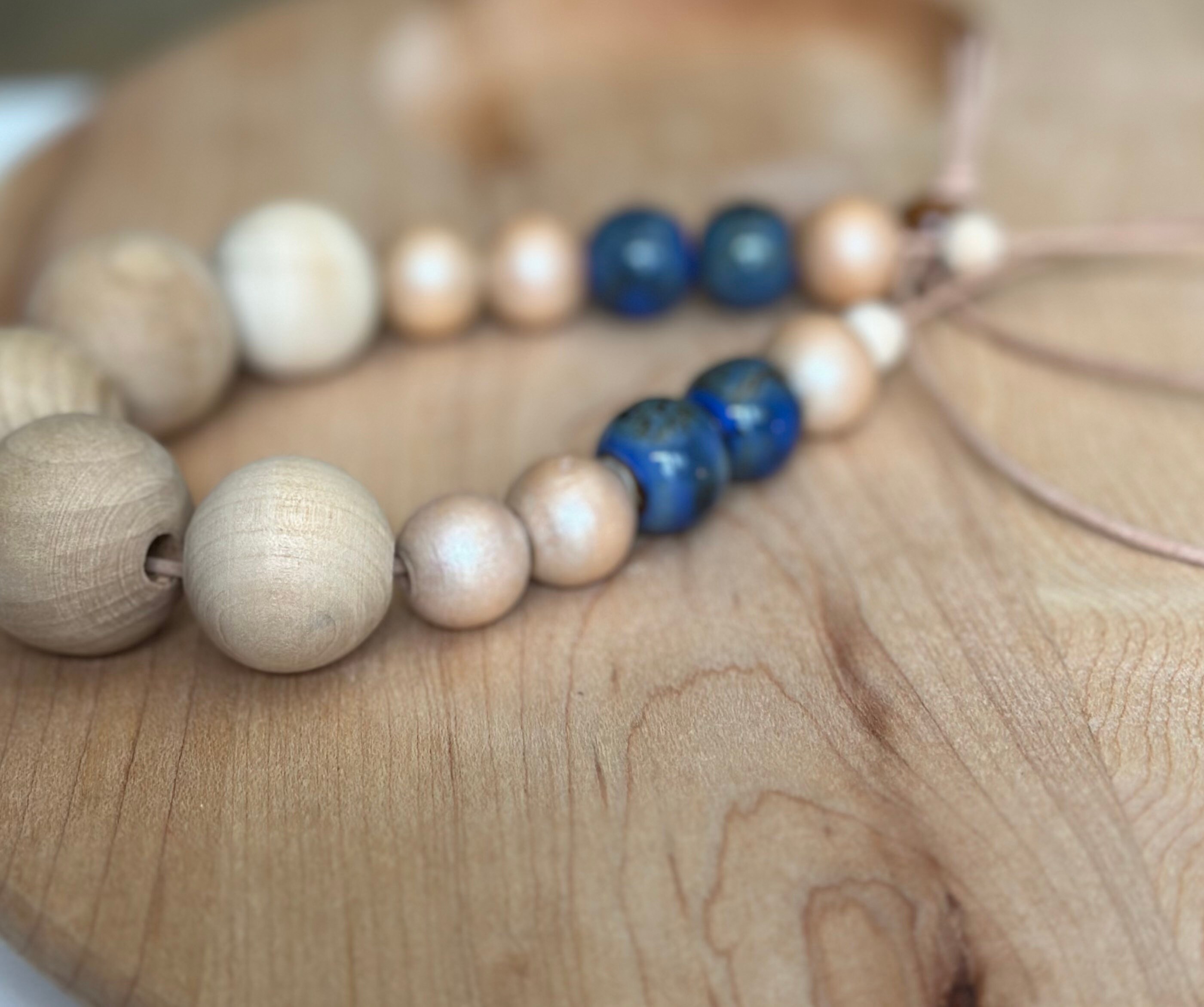 Wood Bead Necklace / Blue and Natural - Etsy