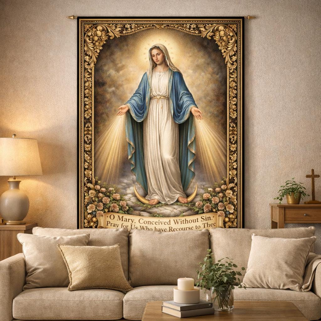 Virgin Mary Tapestry, Our Lady of Grace Wall Hanging, Vintage Catholic ...