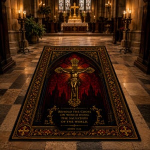 May include: A rectangular rug featuring a central golden crucifix with a figure of Jesus against a deep red stained glass background. The border is ornate with gold floral patterns. Text reads: BEHOLD THE CROSS ON WHICH HUNG THE SALVATION OF THE WORLD. JOHN 3:16.