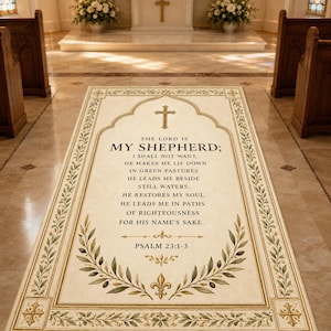 Könnte beinhalten: Cremefarbener rechteckiger Teppich mit dekorativem Rand und dem Text "THE LORD IS MY SHEPHERD;" und Psalm 23:1-3. Der Teppich zeigt ein Kreuz- und Blumendesign, passend für eine Kirche oder einen religiösen Rahmen.