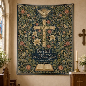 May include: A rectangular wall tapestry featuring a dark blue background with intricate floral patterns, pomegranates, and birds. A central cross is surrounded by lilies and roses, with a dove above and an open book below. Text reads: Be still and know that I am God, Psalm 46:10.