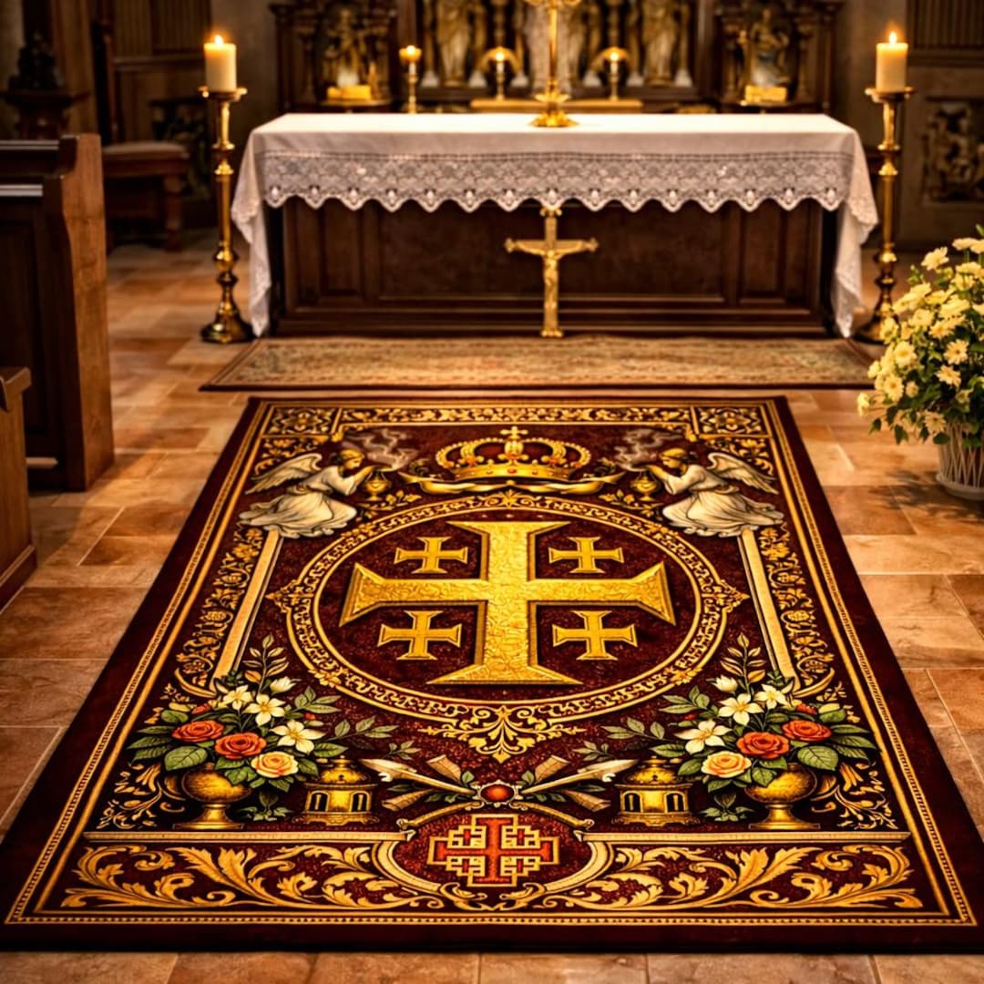 Jerusalem Cross Christian Prayer Rug, Catholic Kneeling Mat for Home ...
