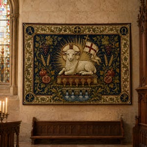 May include: A rectangular wall tapestry featuring a central white lamb resting on a book, holding a flag with a red cross. The design includes a golden halo, grapevines, pomegranates, wheat stalks, and the Greek letters Alpha and Omega in corners.