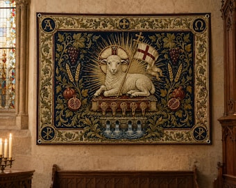 May include: A rectangular wall tapestry featuring a central white lamb resting on a book, holding a flag with a red cross. The design includes a golden halo, grapevines, pomegranates, wheat stalks, and the Greek letters Alpha and Omega in corners.