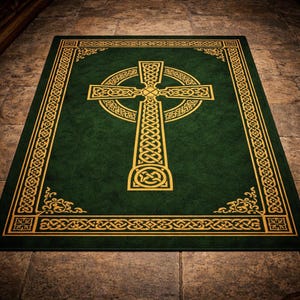 May include: A green rectangular rug with a gold Celtic cross design at its centre. The cross is encircled by a gold circular pattern and a gold border with detailed knotwork. The rug is a decorative floor covering.