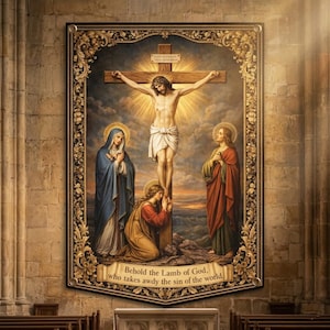May include: A framed religious painting depicting the crucifixion of Jesus Christ. The artwork features Jesus on the cross, with figures of Mary, and other figures. The painting has a decorative gold frame and includes the text "Behold the Lamb of God, who takes awdy the sin of the world."