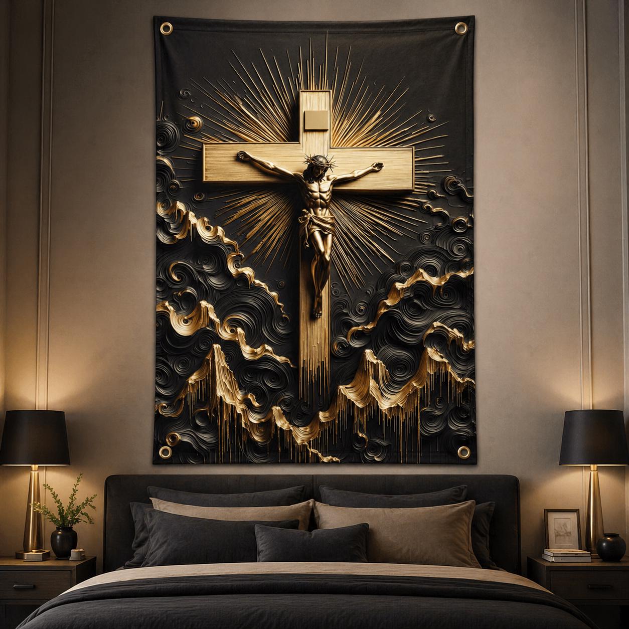 Jesus Rugs Graphics Jesus Christ Crucifix Wall Tapestry, 3D Black Gold Christian Home Decor ...