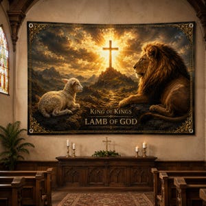 Puede incluir: Un tapiz rectangular que muestra un león y un cordero descansando sobre un terreno rocoso ante una cruz brillante. El texto "KING OF KINGS" y "LAMB OF GOD" aparece centrado bajo la cruz. Incluye un borde dorado ornamentado con ojales metálicos.