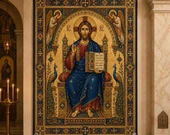 May include: A rectangular wall tapestry featuring a central figure of Christ seated on a throne, wearing a red and blue robe, holding an open book with text, flanked by two angels and two peacocks, all set within a decorative gold and blue border.
