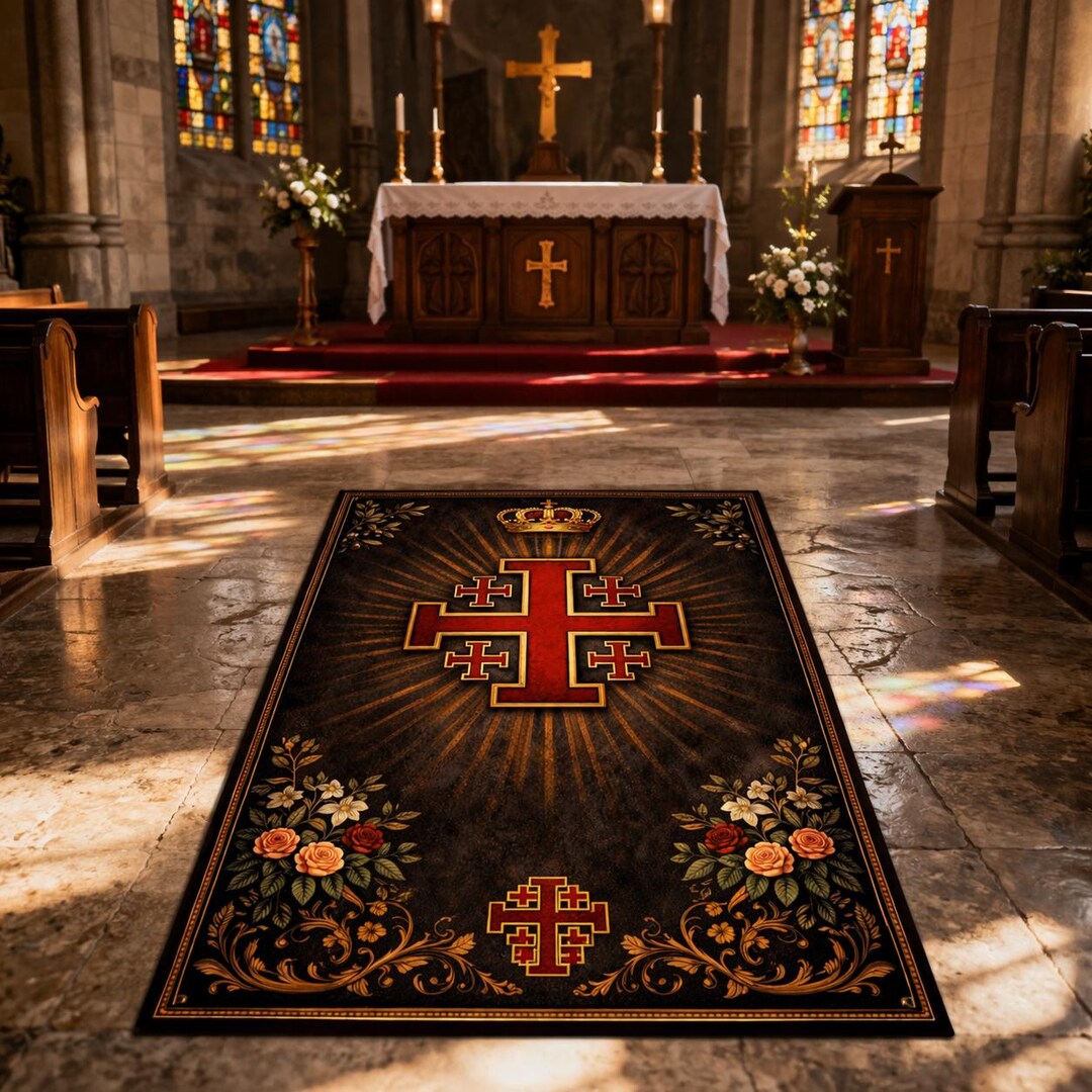 Jerusalem Cross Christian Prayer Rug | Vintage Catholic Kneeling Mat ...