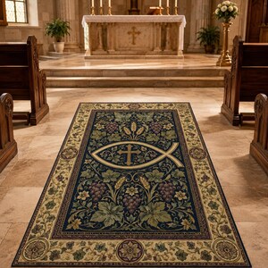 May include: A rectangular rug with a dark blue background and a central design featuring a Christian fish symbol with a cross. The rug is adorned with grape clusters, wheat, and floral patterns in shades of green, purple, and beige. The border has a floral design.
