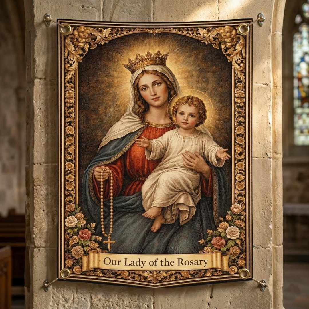 Vintage Our Lady of the Rosary Tapestry, Catholic Prayer Room Decor ...