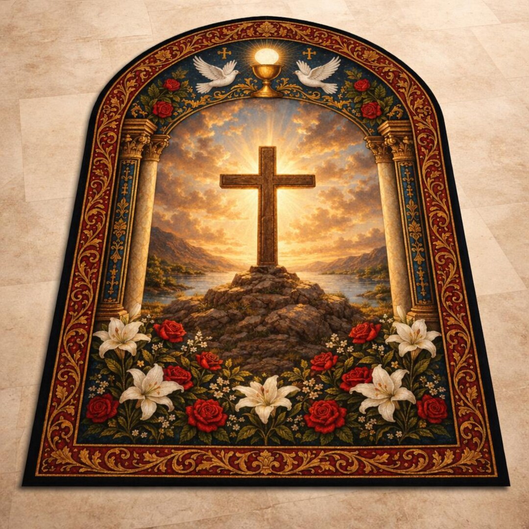 Christian Prayer Rug, Catholic Kneeling Mat, Floral Cross Area Rug ...