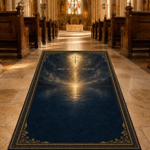 Puede incluir: Una alfombra rectangular con fondo azul oscuro, una cruz brillante central, nubes y un reflejo en el agua. El texto PRAY BELIEVE RECEIVE MATTHEW 21:22 está impreso en dorado. La alfombra tiene un borde decorativo dorado con detalles ornamentados.