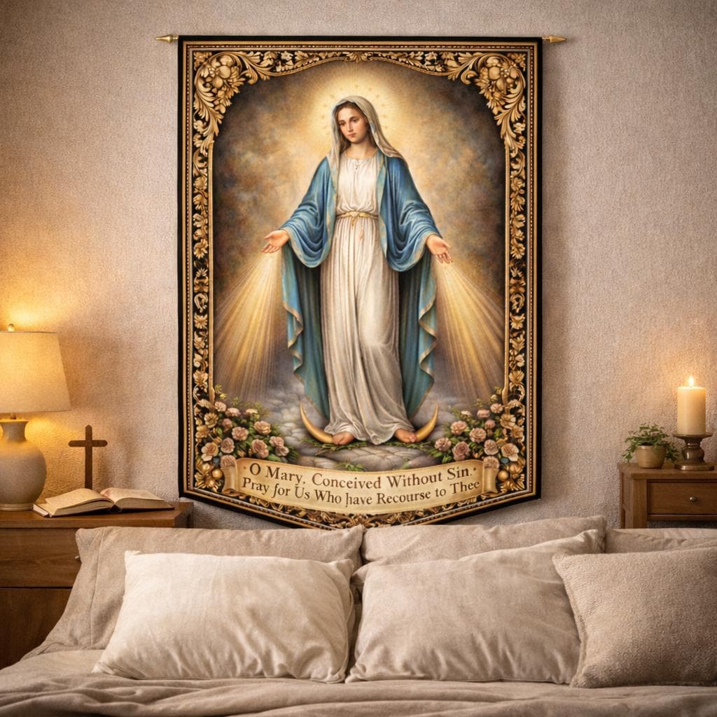 Virgin Mary Tapestry, Our Lady of Grace Wall Hanging, Vintage Catholic ...