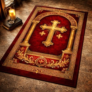 May include: A rectangular red rug with a gold cross design. The rug features a large gold cross in the centre, framed by gold columns and an arch. The border has a gold Greek key pattern.