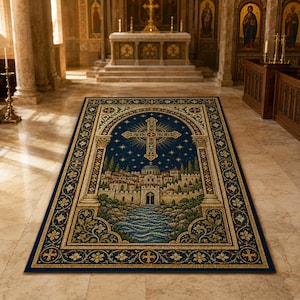 Könnte beinhalten: Ein rechteckiger Teppich mit tiefblauem Hintergrund, einem zentralen goldenen Kreuz, einer detaillierten Stadtansicht und einem fließenden Fluss. Der Rand ist mit komplexen Blumenmustern und kleinen Kreuzen verziert, eingerahmt von Säulen.