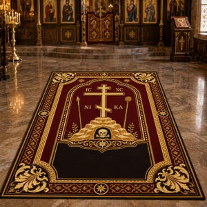 Puede incluir: Una alfombra rectangular con fondo burdeos oscuro y negro con bordes dorados ornamentados. El centro muestra una cruz ortodoxa dorada sobre un montículo escalonado con una calavera, flanqueada por una lanza y una caña, con el texto IC XC NI KA.