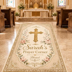 Op de afbeelding: Een beige gebedskleed met een gouden kruis en bloemenmotief. Het kleed heeft de tekst "Sarah's Prayer Corner" en "Blessed" in elegant schrift. Het kleed is versierd met roze rozen en andere bloemen.