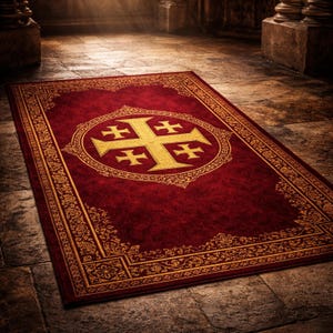 Puede incluir: Una alfombra rectangular roja con un diseño de cruz de Jerusalén dorada en el centro. La alfombra tiene un borde dorado con motivos florales. Está colocada sobre un suelo de piedra, con pilares al fondo.