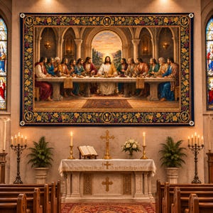 May include: A large rectangular wall tapestry depicting The Last Supper scene, framed by a dark blue border with gold and green floral patterns. The central image shows thirteen figures seated at a long table inside a stone archway.