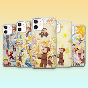 May include: Five clear phone cases with colourful illustrations of a cartoon monkey. The designs include the monkey with bananas, ice cream, and other playful scenes. The cases have a glossy finish.