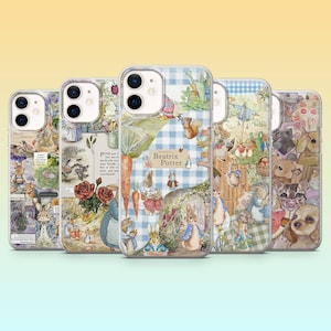 May include: Five phone cases with colorful illustrations featuring characters and scenes from Beatrix Potter's stories. The cases showcase a variety of designs, including rabbits, squirrels, and floral elements, with a mix of patterns and text.