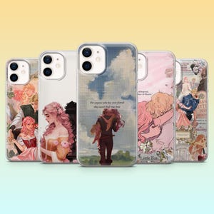 May include: A collection of five phone cases with romantic illustrations. The cases feature images of couples, portraits of women, and quotes. The cases have a clear, glossy finish. The color palette includes pink, blue, and beige tones.