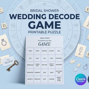 May include: A bridal shower wedding decode game printable puzzle featuring a central grid with wedding-themed words, surrounded by letter tiles, a small key, and a circular decoder wheel on a light blue background with Canva and download icons.