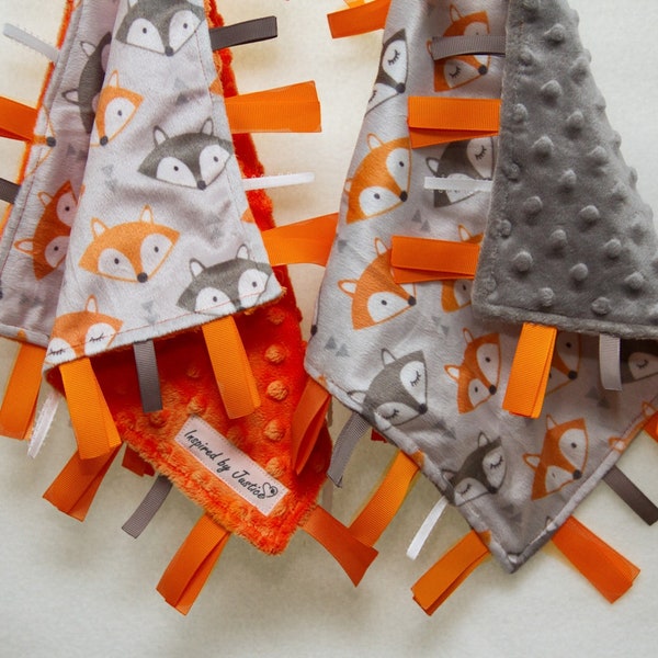 RESERVED - Minky Fox Tag Blanket - baby ribbon tag toy, toddler security blanket, infant fox nursery, #19TBAW28
