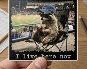 Vintage I Live Now Funny Raccoon Sticker | Funny Game Day Decal | I'd Live Here Now Sports Sticker, Baseball Mom Sticker